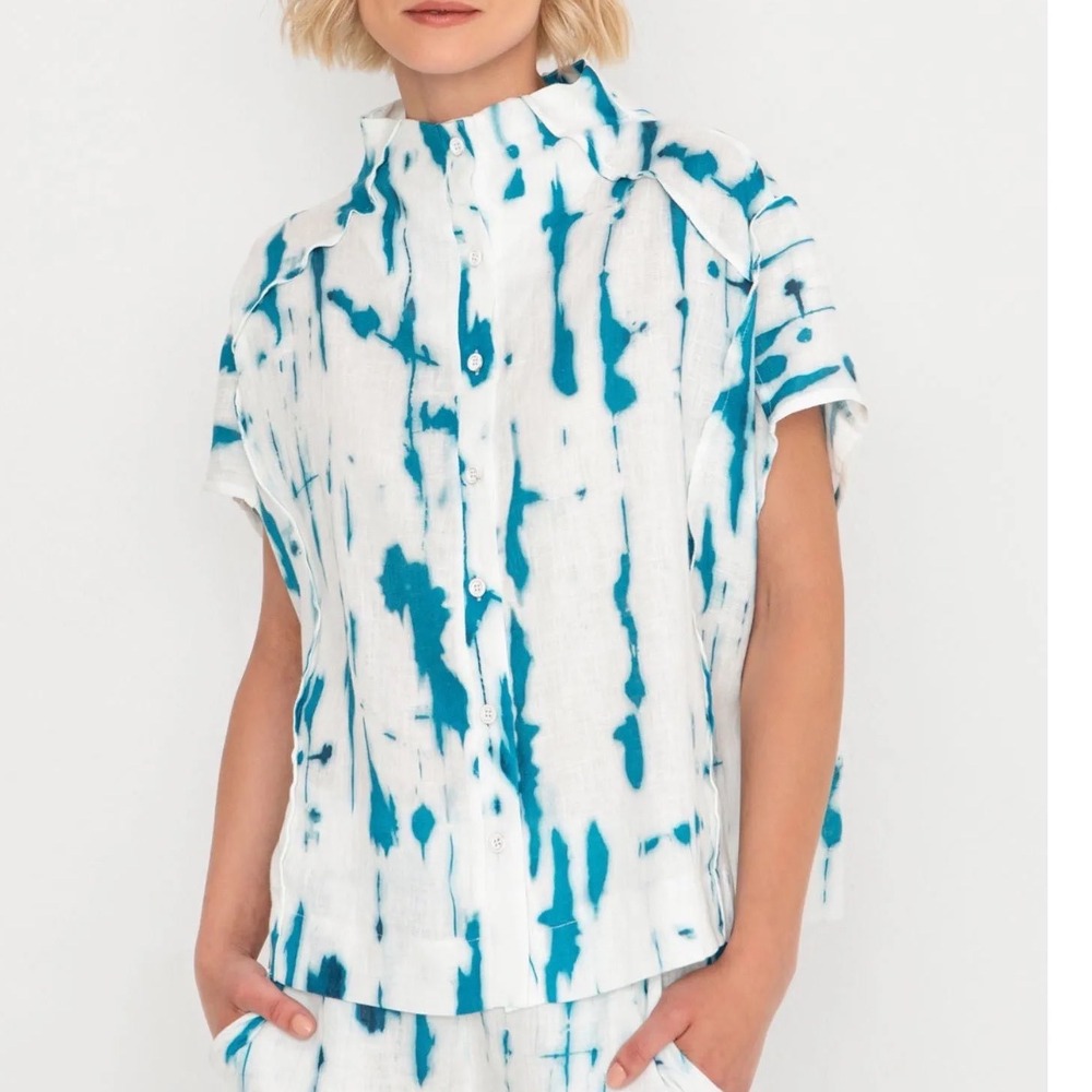 Ozai N Ku island linen Teal White Tie Dye Lagenlook Button Down Top Greece 2
